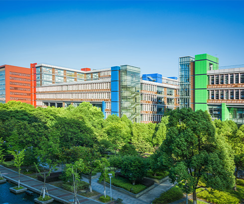 View of academic building from a courtyard