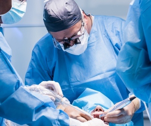 Dentist and dental assistants treating a patient